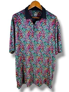 Deolax Men's Multicolor Geometric-Print Performance Golf Polo w/ Black Collar XL